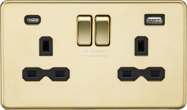 Knightsbridge MLA SFR9940PB 13A 2G SP Switched Socket with Dual USB A+C (5V DC 4.0A shared) - Polished Brass with Black Insert