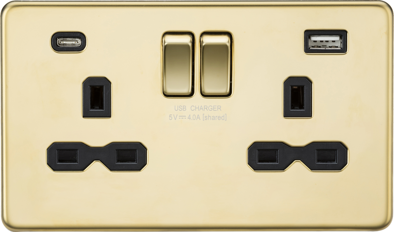 Knightsbridge MLA SFR9940PB 13A 2G SP Switched Socket with Dual USB A+C (5V DC 4.0A shared) - Polished Brass with Black Insert