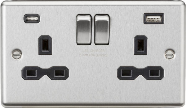 Knightsbridge MLA CL9940BC 13A 2G SP Switched Socket with dual USB C+A 5V DC 4.0A [shared] - Brushed Chrome with black insert