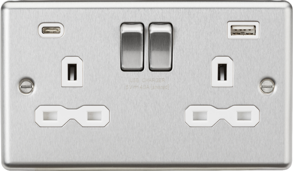 Knightsbridge MLA CL9940BCW 13A 2G SP Switched Socket with dual USB C+A 5V DC 4.0A [shared] - Brushed Chrome with white insert