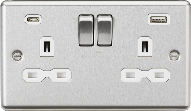 Knightsbridge MLA CL9940BCW 13A 2G SP Switched Socket with dual USB C+A 5V DC 4.0A [shared] - Brushed Chrome with white insert