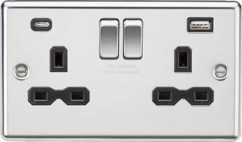 Knightsbridge MLA CL9940PC 13A 2G SP Switched Socket with dual USB C+A 5V DC 4.0A [shared] - Polished Chrome with black insert