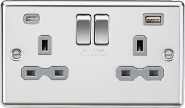 Knightsbridge MLA CL9940PCG 13A 2G SP Switched Socket with dual USB C+A 5V DC 4.0A [shared] - Polished Chrome with grey insert