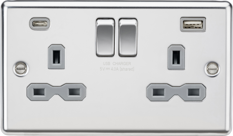 Knightsbridge MLA CL9940PCG 13A 2G SP Switched Socket with dual USB C+A 5V DC 4.0A [shared] - Polished Chrome with grey insert