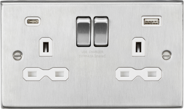 Knightsbridge MLA CS9940BCW 13A 2G SP Switched Socket with Dual USB A+C (5V DC 4.0A shared) - Brushed Chrome with White Insert