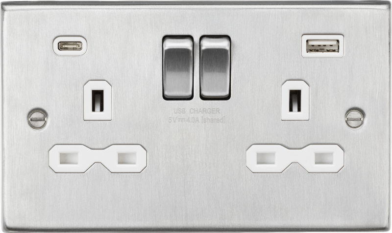 Knightsbridge MLA CS9940BCW 13A 2G SP Switched Socket with Dual USB A+C (5V DC 4.0A shared) - Brushed Chrome with White Insert