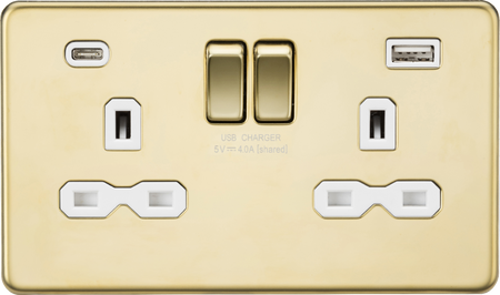 Knightsbridge MLA Screwless SFR9940PBW 13A 2G SP Switched Socket with Dual USB A+C (5V DC 4.0A shared) - Polished Brass with White Insert