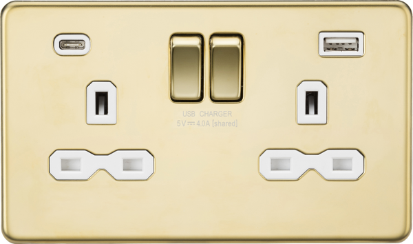 Knightsbridge MLA Screwless SFR9940PBW 13A 2G SP Switched Socket with Dual USB A+C (5V DC 4.0A shared) - Polished Brass with White Insert