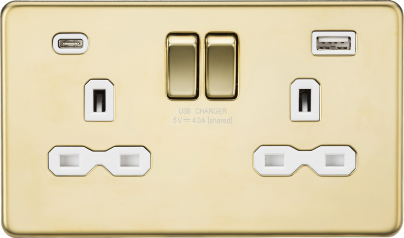 Knightsbridge MLA SFR9940PBW 13A 2G SP Switched Socket with Dual USB A+C (5V DC 4.0A shared) - Polished Brass with White Insert