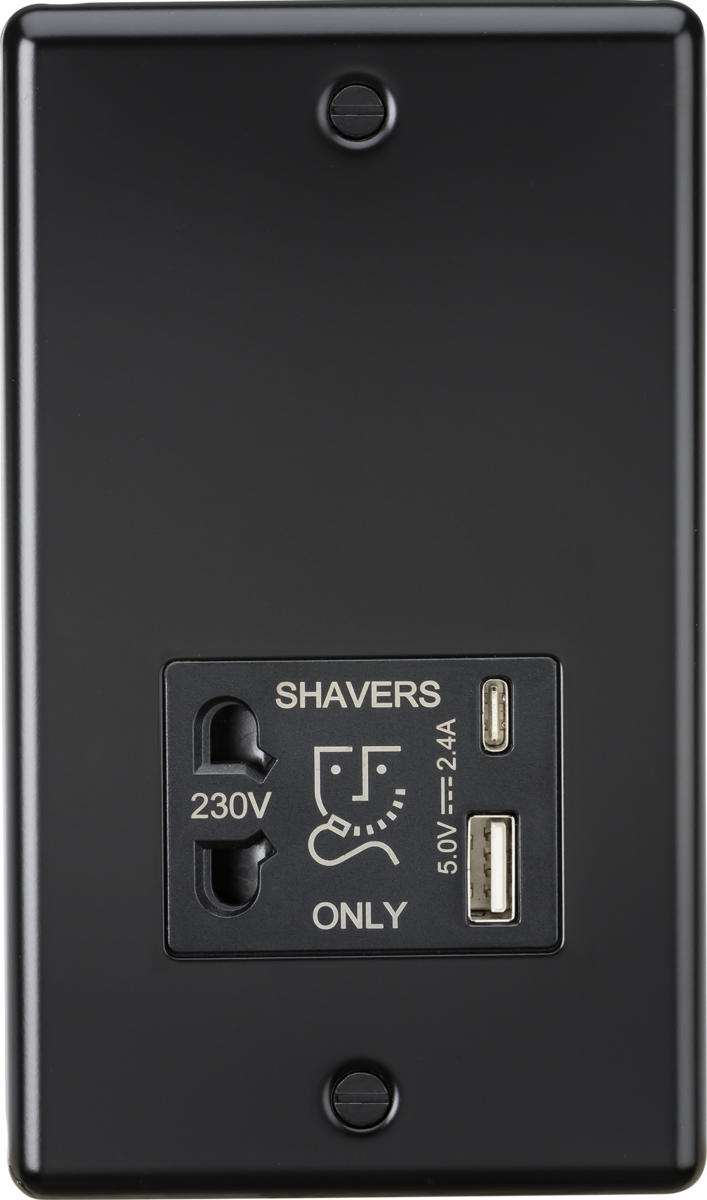 MLA Knightsbridge CL8909MB 230V Shaver Socket with Dual USB A+C [5V DC 2.4A shared] - Matt Black