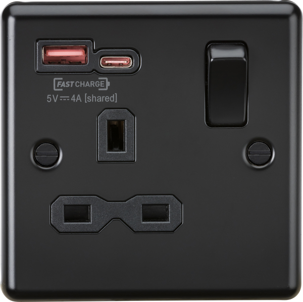 MLA Knightsbridge CL9919MBB 13A 1G SP Switched Socket with Dual USB A+C 12V DC 1.5A [Max. 18W] - Matt Black with Black Insert