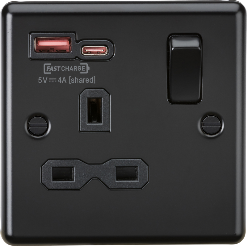 MLA Knightsbridge CL9919MBB 13A 1G SP Switched Socket with Dual USB A+C 12V DC 1.5A [Max. 18W] - Matt Black with Black Insert