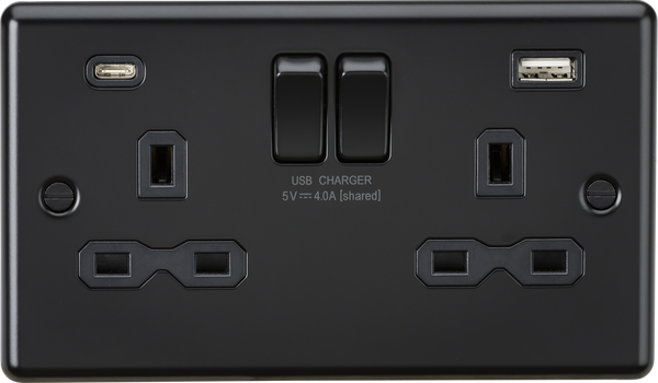 MLA Knightsbridge CL9940MBB 13A 2G SP Switched Socket with Dual USB A+C (5V DC 4.0A shared) - Matt Black with Black Insert