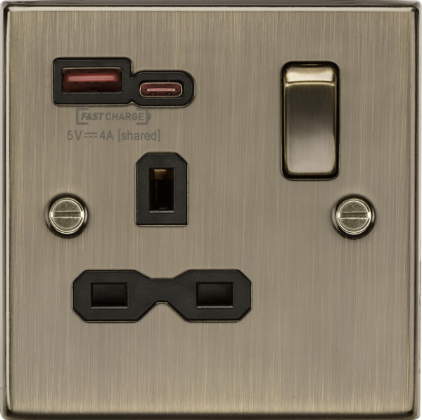 Knightsbridge MLA CS9919AB 13A 1G SP Switched Socket with Dual USB A+C 12V DC 1.5A [Max. 18W] - Antique Brass with Black Insert