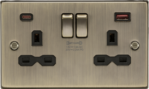 Knightsbridge MLA CS9945AB 13A 2G DP Switched Socket with Dual USB A+C 20V DC 2.25A (Max. 45W) - Antique Brass