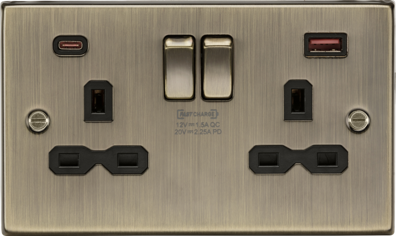 Knightsbridge MLA CS9945AB 13A 2G DP Switched Socket with Dual USB A+C 20V DC 2.25A (Max. 45W) - Antique Brass