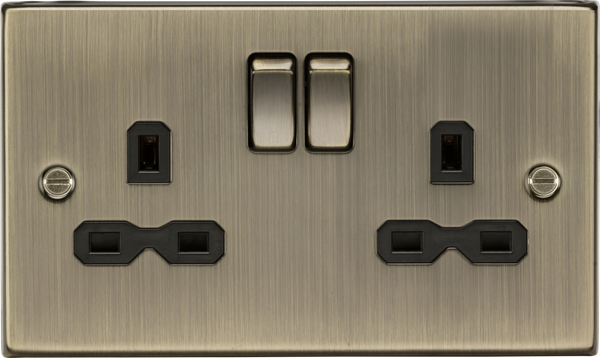 Knightsbridge MLA CS9AB 13A 2G Switched Socket with Black Insert - Square Edge Antique Brass
