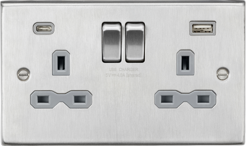 Knightsbridge MLA CS9940BCG 13A 2G SP Switched Socket with Dual USB A+C (5V DC 4.0A shared) - Brushed Chrome with Grey Insert