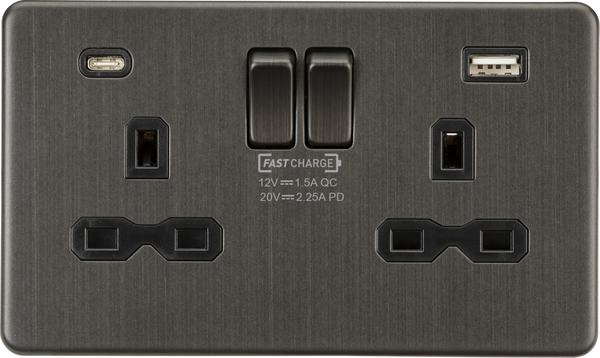 Knightsbridge MLA SFR9945SB 13A 2G DP Switched Socket with Dual USB A+C 20V DC 2.25A (Max. 45W) - Smoked Bronze w/Black Insert