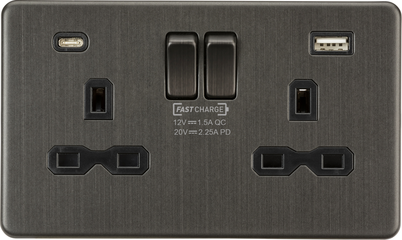 Knightsbridge MLA SFR9945SB 13A 2G DP Switched Socket with Dual USB A+C 20V DC 2.25A (Max. 45W) - Smoked Bronze w/Black Insert