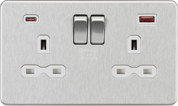 Knightsbridge MLA SFR9945BCW 13A 2G DP Switched Socket with Dual USB A+C 20V DC 2.25A (Max. 45W) - Brushed Chrome w/White Insert