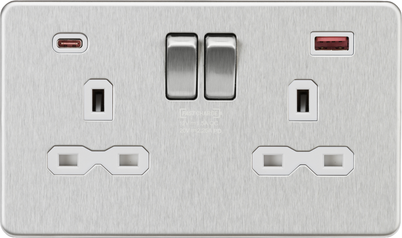 Knightsbridge MLA SFR9945BCW 13A 2G DP Switched Socket with Dual USB A+C 20V DC 2.25A (Max. 45W) - Brushed Chrome w/White Insert