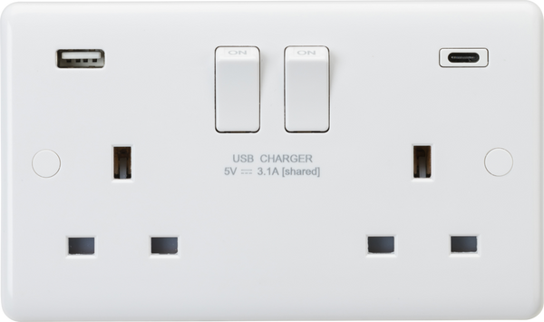 Knightsbridge MLA CU9931D 13A 2G DP Switched Socket with Dual USB A+C [5V DC 3.1A shared] Max. 15.5W