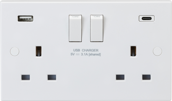 Knightsbridge MLA SN9931D 13A 2G DP Switched Socket with Dual USB A+C [5V DC 3.1A shared] Max. 15.5W