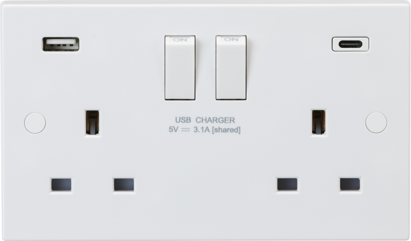 Knightsbridge MLA SN9931D 13A 2G DP Switched Socket with Dual USB A+C [5V DC 3.1A shared] Max. 15.5W