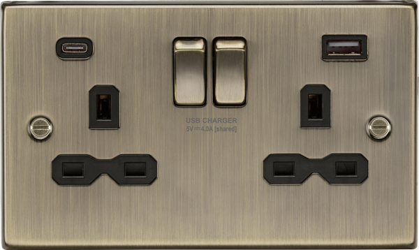 Knightsbridge MLA CS9940AB 13A 2G Switched Socket with Dual USB charger A + C (5VDC 4.0A Shared) - Antique brass with black insert