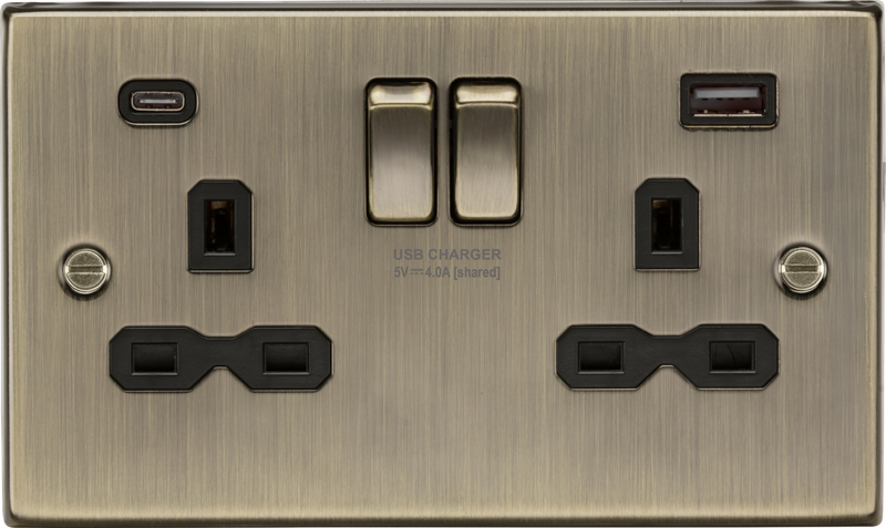 Knightsbridge MLA CS9940AB 13A 2G Switched Socket with Dual USB charger A + C (5VDC 4.0A Shared) - Antique brass with black insert