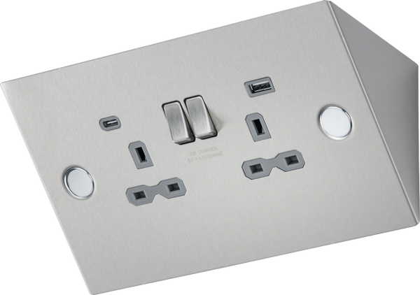 Knightsbridge MLA SKR2 Under Cabinet 13A 2G Socket with Dual USB A+C [5V DC 4.0A shared] - Stainless Steel