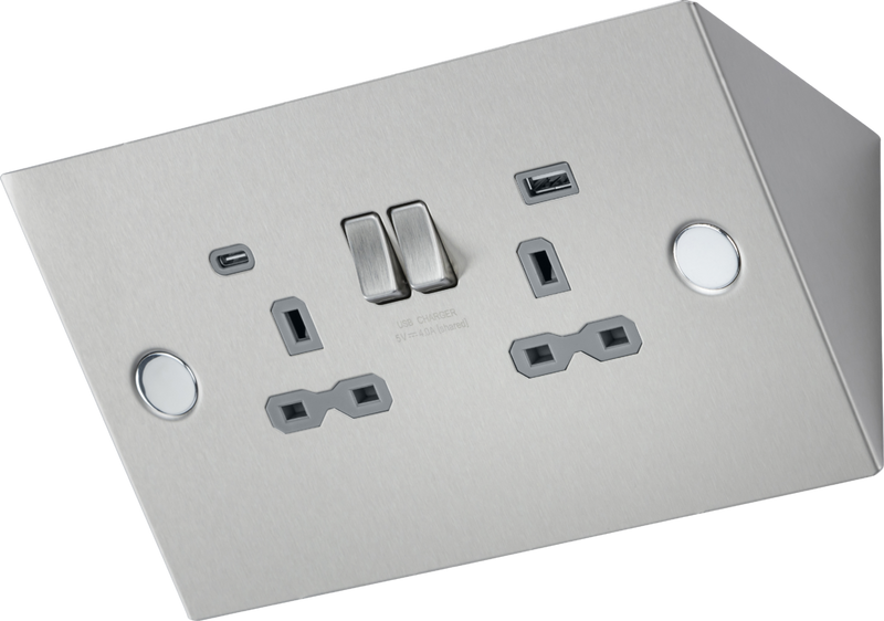 Knightsbridge MLA SKR2 Under Cabinet 13A 2G Socket with Dual USB A+C [5V DC 4.0A shared] - Stainless Steel