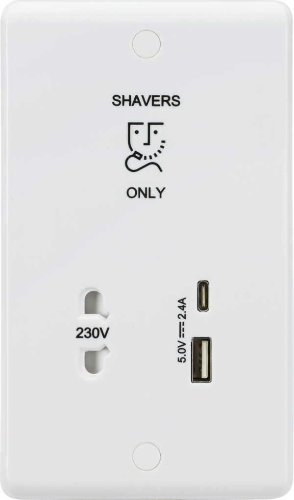 Knightsbridge MLA  CU8909 230V Shaver Socket with Dual USB A+C (5V DC 2.4A shared, Max. 12W)