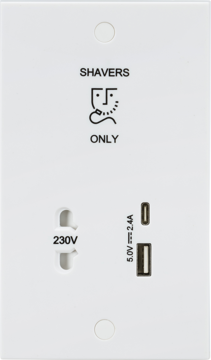 Knightsbridge MLA  SN8909 230V Shaver Socket with Dual USB A+C (5V DC 2.4A shared, Max. 12W)