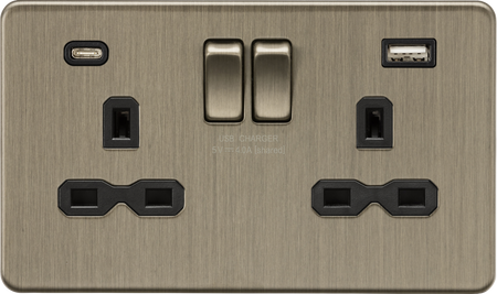 Knightsbridge MLA Screwless SFR9940AB 13A 2G SP Switched Socket with dual USB C+A 5V DC 4.0A [shared] - Antique Brass