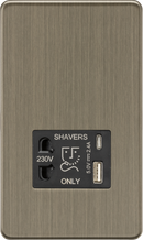 Knightsbridge MLA Screwless SF8909AB Shaver socket with dual USB A+C (5V DC 2.4A shared) - Antique Brass