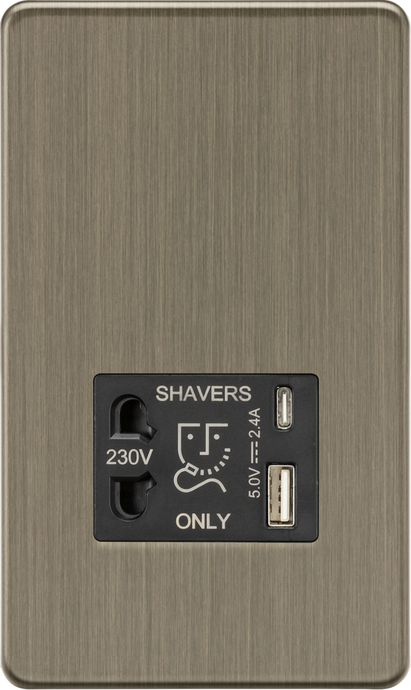 Knightsbridge MLA Screwless SF8909AB Shaver socket with dual USB A+C (5V DC 2.4A shared) - Antique Brass