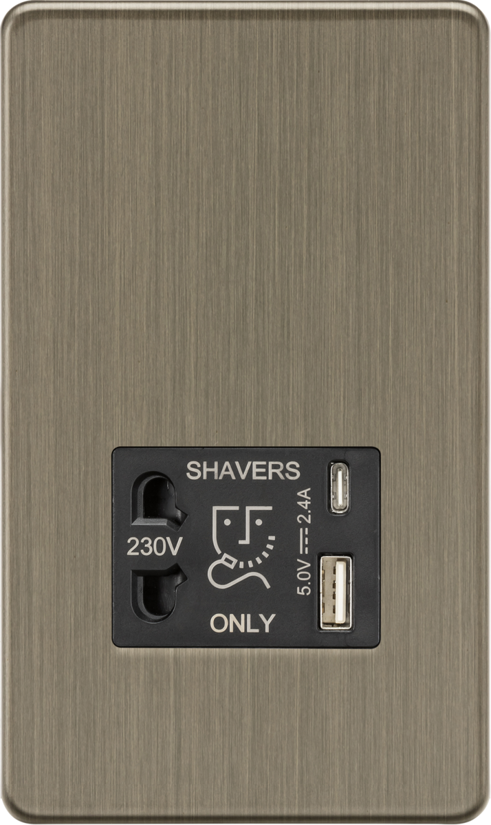 Knightsbridge MLA Screwless SF8909AB Shaver socket with dual USB A+C (5V DC 2.4A shared) - Antique Brass