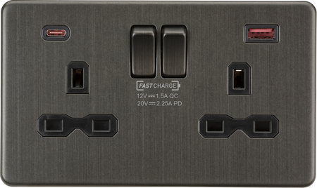 Knightsbridge MLA Screwless SFR9945SB 13A 2G DP Switched Socket with Dual USB A+C 20V DC 2.25A (Max. 45W) - Smoked Bronze w/Black Insert