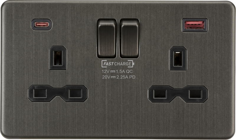 Knightsbridge MLA Screwless SFR9945SB 13A 2G DP Switched Socket with Dual USB A+C 20V DC 2.25A (Max. 45W) - Smoked Bronze w/Black Insert