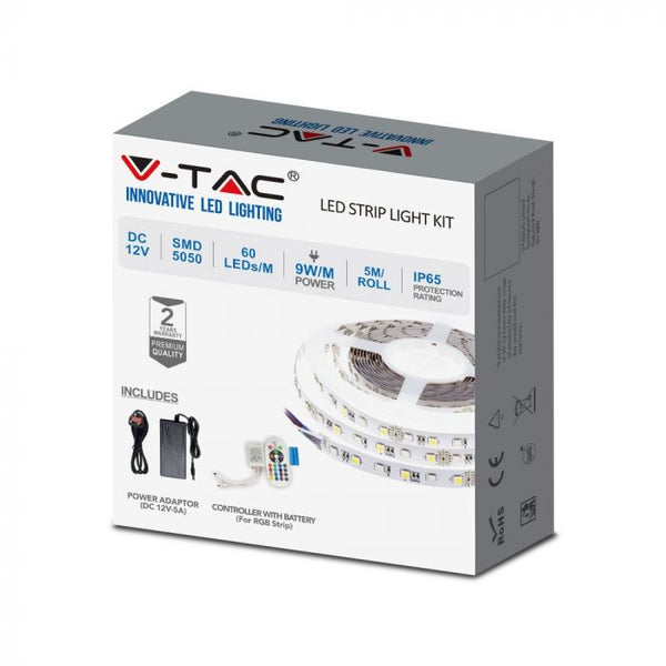 V-TAC 2606 VT-5050-60 9W/M LED STRIP LIGHT(BS PLUG) 3000K SET IP65 12V(5M/ROLL)