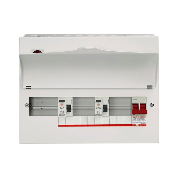 Wylex NMRS10SSLMHIA 10 Way High Integrity Consumer Unit 100A Main Switch, 80A 30mA RCDs, Flexible Configuration