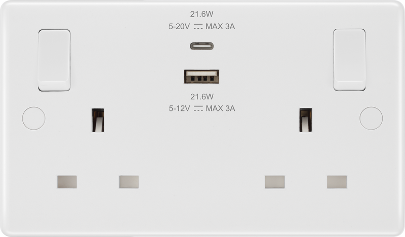 BG 822UAC45 Nexus White Moulded Double Switched Socket w/ Fastcharge USB A + C (45W)