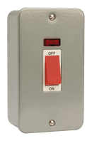 Click Scolmore CL203 Metal Clad - 50A 1 Gang Double Pole Switch With Neon (Vertical) - Red Rocker - With Back Box