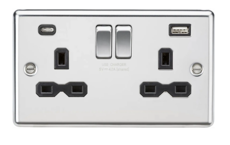 Knightsbridge MLA CL9224PCW 13A 2G Switched Socket with Dual USB Charger A + A (2.4A) - Polished Chrome with Black Insert