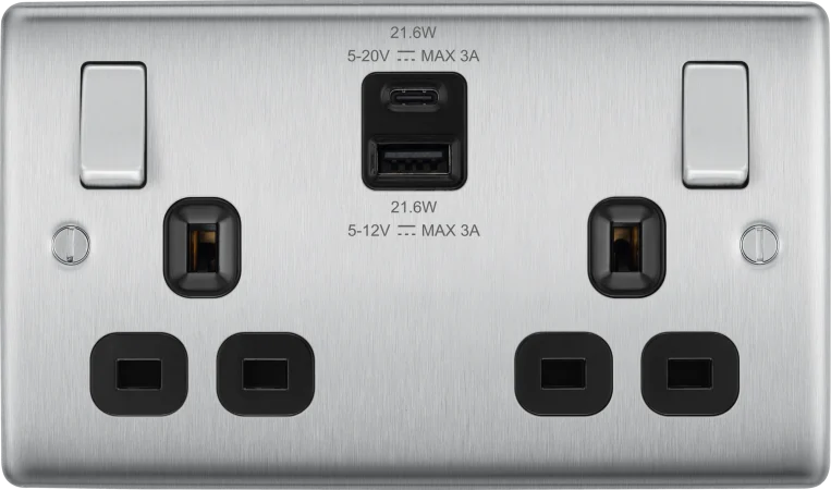 BG NBS22UAC22B Double switched single pole, with USB A + C (22W)