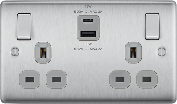 BG NBS22UAC45G Nexus Metal Brushed Steel Double 13A Socket with Type A and C Charger 45W