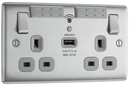 BG NBS22UWRG 13A Brushed Steel Double Socket with WiFi Range Extender & USB (Grey Insert)
