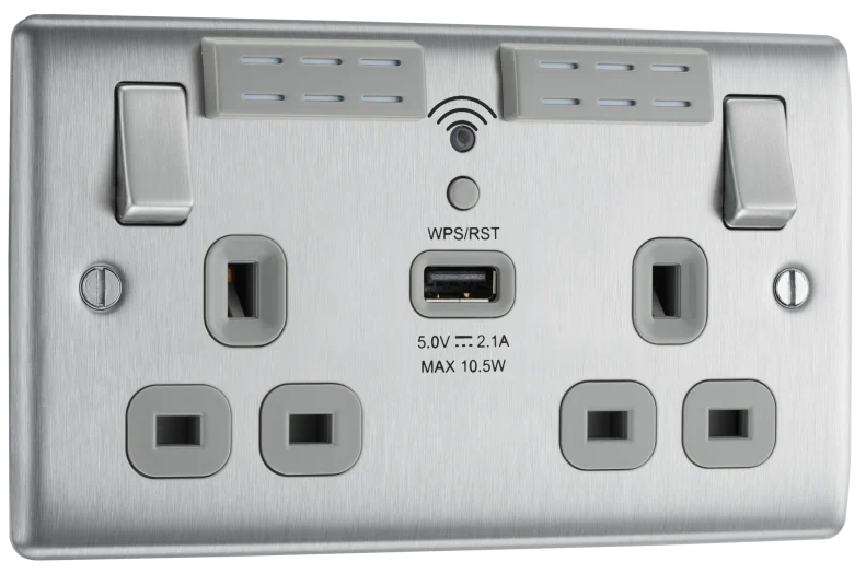 BG NBS22UWRG 13A Brushed Steel Double Socket with WiFi Range Extender & USB (Grey Insert)